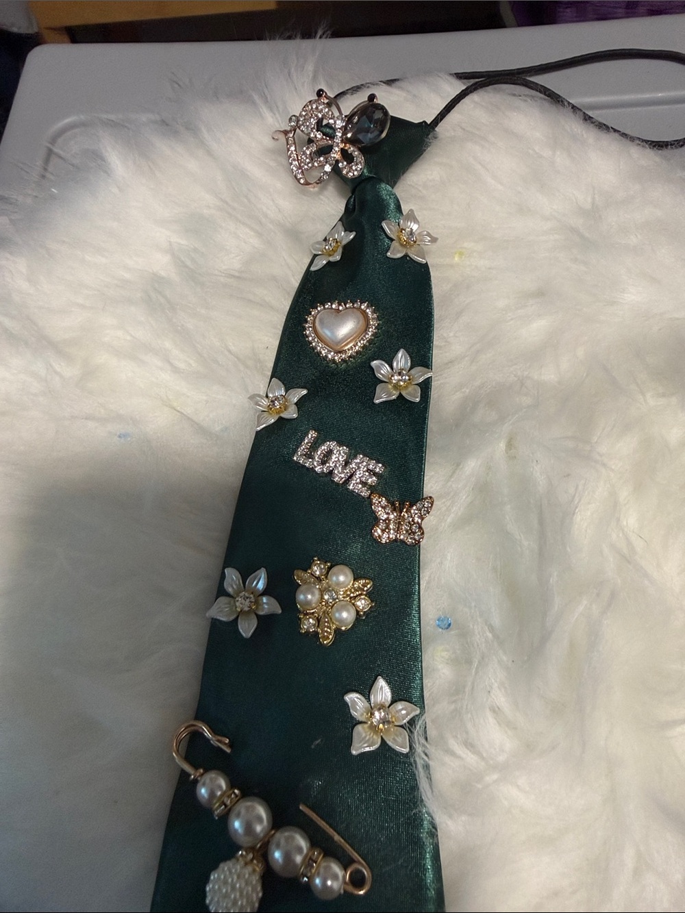 Dark Green Satin Ribbon with Pearl & Crystal Charms